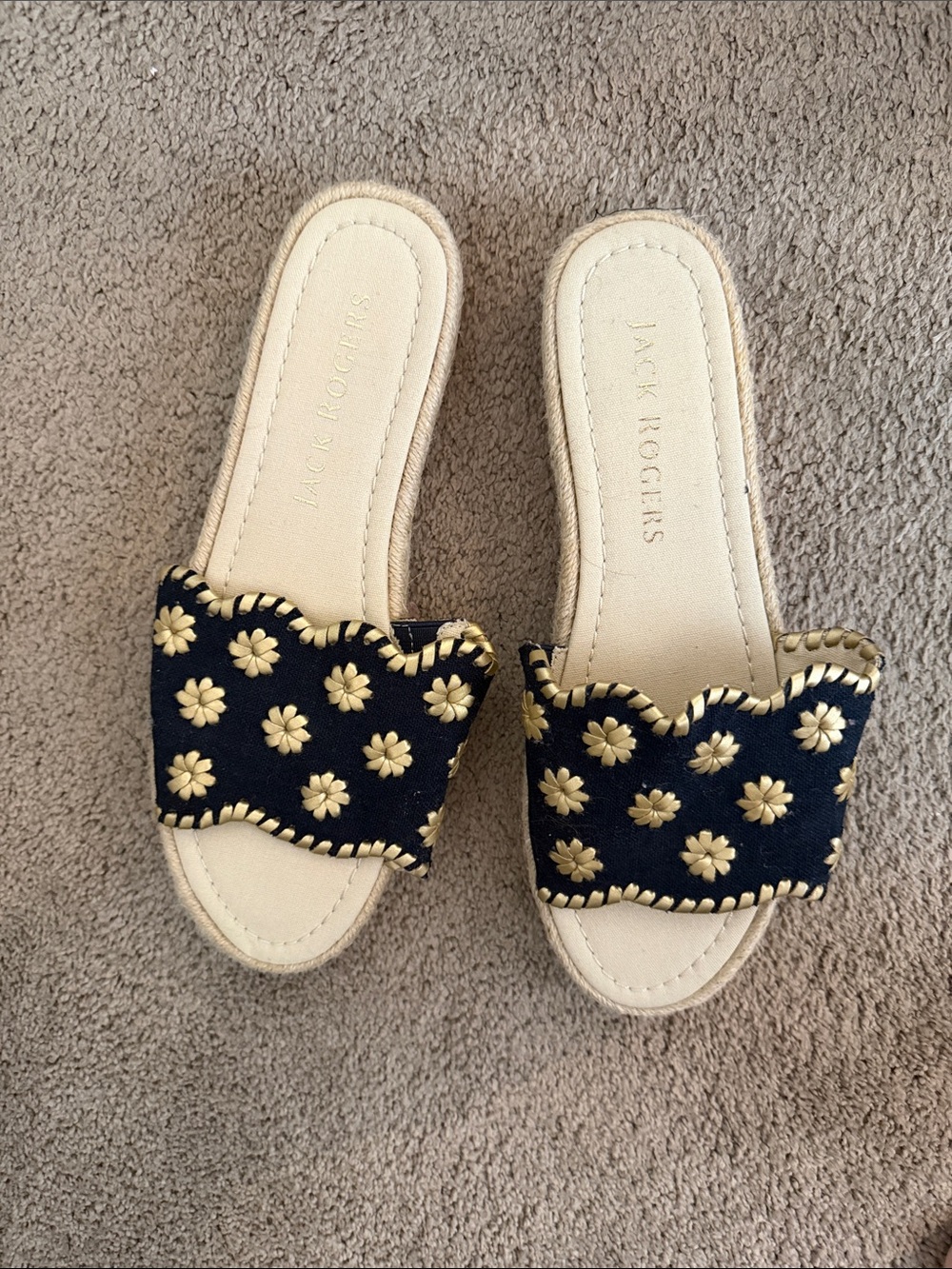 Jack Rogers Navy Slide Mules with Cream Floral Embroidery
